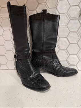 BRIGHTON Travis Mid-Calf Woven Leather Black Boots with sterling steal accents
